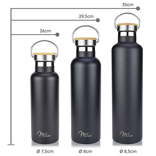 Milu Edelstahl Trinkflasche 500ml, 750ml, 1000ml (+3 Deckel) - Thermosflasche mit Strohhalm, Isolierte Wasserflasche, Auslaufsichere Isolierflasche doppelwandig, Kohlensäure geeignet (Schwarz, 750ml) – Bild 7