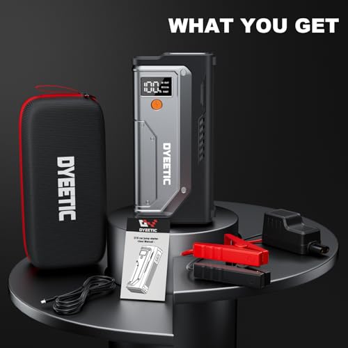 Dyeetic 6000A Jump Starter, 12V Car Battery Booster Pack(All Gas and 12.0L Diesel Engine)，26800mAh Car Starter Smart Jumper Cables, Portable Power Bank with USB QC3.0，800LM Flashlight