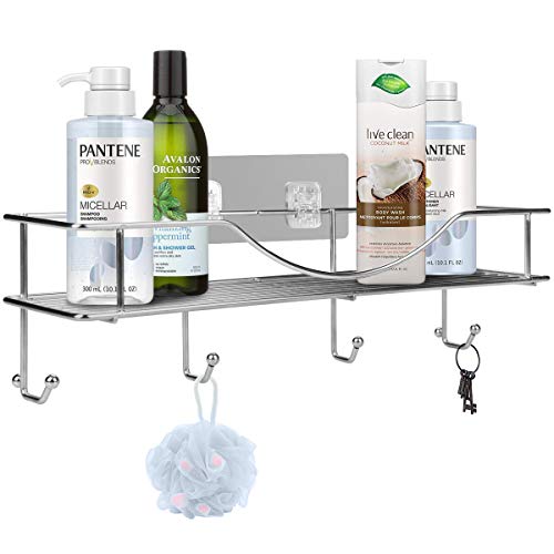 AISHN Bathroom Shelf, Stainless Steel Shower Shelf Kitchen Rack Bathroom Storage Organizer with Towel Hooks Wall Mount Adhesive Shower Caddy No Drilling - Thumbnail 7