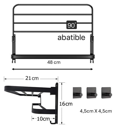 P&C HOME Drill-Free Adhesive Towel Rail with Shelves and 4 Hooks - Matte Black Stainless Steel - Waterproof - Organizer for Towels and Accessories,