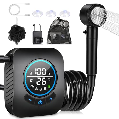 Spopal Camping Dusche, [8000mAh] Campingdusche Tragbare mit Pumpe und Temperaturanzeige, Mobile Dusche Outdoor Set mit Duschkopf und 2M Schlauch für C