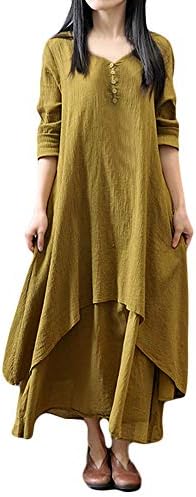 Clearance!Connia Women Cotton Linen Boho Maxi Irregular Overlapp Dress Fall Elegant Casual Button Daily Loose Dresses