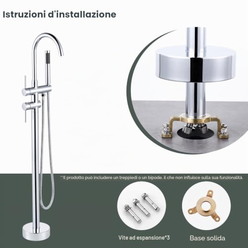 ARCORA Floor Bathtub Tap, Freestanding Bathtub Mixer, Pillar Bathtub Tap with Hand Shower, 360° Swivel, Copper and Stainless Steel, Ceramic Cartridge, Chrome