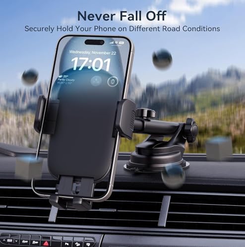 Phone Holders for Your Car [Ultra-Durable Suction] Cell Phone Car Mount for Dashboard Windshield Air Vent Universal Automotive Accessories Car Mount Cradles Fit for iPhone Android Smartphones