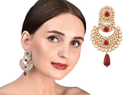 Touchstone Indian Bollywood Crystals and red Chand Bali Designer Jewelry Earrings in Gold Tone for Women