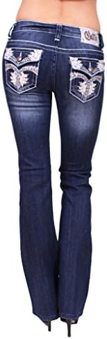Cello Jeans Women Boot Cut Jeans with White Leather Trimmed and Rhinestones 13 Medium Denim