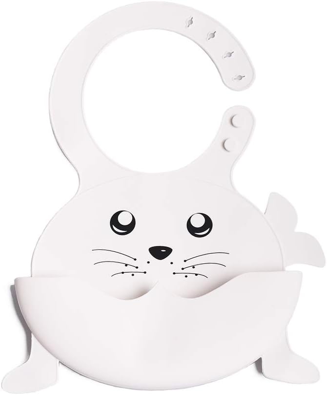 TUOKING Waterproof Silicone Baby Bibs with Pocket for Babies and Toddlers, Easy to Clean, Foldable and Soft (Seal-White)