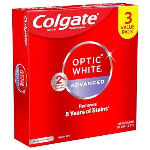 COLGATE OPTIC WHITE ADVANCED HYDROGEN PEROXIDE TOOTHPASTE, TEETH WHITENING TOOTHPASTE PACK, ENAMEL-SAFE FORMULA, HELPS REMOVE TEA, COFFEE, AND WINE STAINS, SPARKLING WHITE, 3 PACK, 3.2 OZ