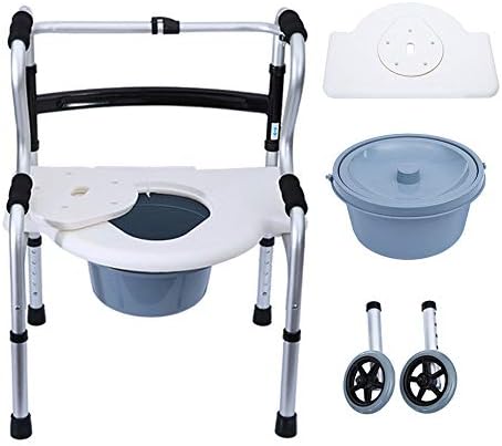 Wheeled Shower Commode Chair, Portable Mobile Bedside Toilet, Foldable Walker, Height Adjustable, No Tool Installation
