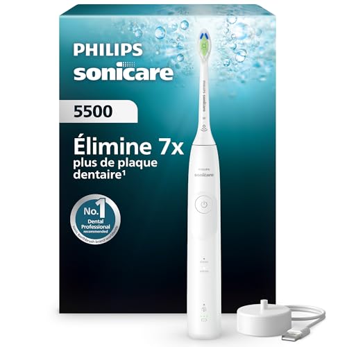Philips Sonicare 5500 - Brosse à dents électrique avec un niveau d'intensité, Alerte de pression, EasyStart, SmarTimer et BrushPacer, Blanc, modèle HX7110/01