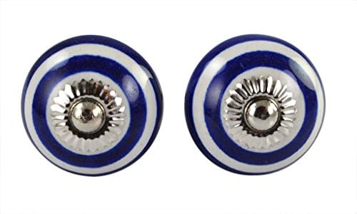 BLUE NIGHT Handmade Blue and White Stripe hand painted ceramic pumpkin knobs cabinet drawer handles pulls Set of-2