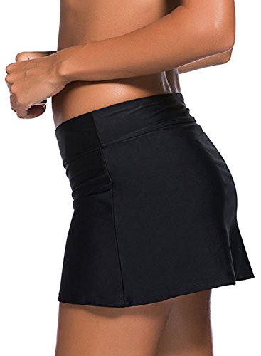 Women's Solid High Waistband Plus Size Skirted Bottom with Attached Brief Bikini Swimwear Black Large