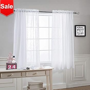 NICETOWN Faux Linen Sheer Curtains - Privacy Semitransparent Light Filtering Semi Voile Sheer Drapes for Bathroom (52 inches Width, 45 inches Length, 1 Pair, White)