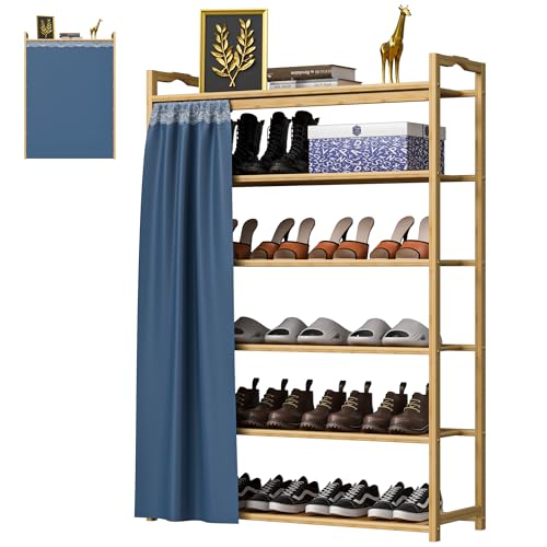 Zapatero de Bambú con Cortina, Diseño Plano de 6 Niveles, con Capacidad para 24 Pares de Zapatos, Cada Nivel Soporta 20 kg, Longitud Total 70 cm.