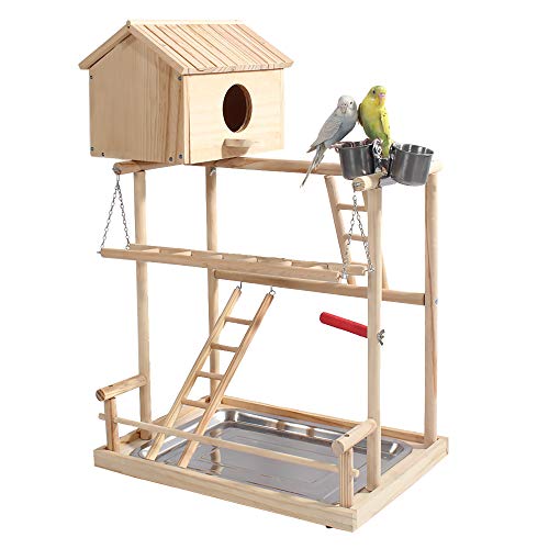 ROCKEVER Parrot Play Stand Bird Playground Cockatiel Gym with Nesting Box and Cups