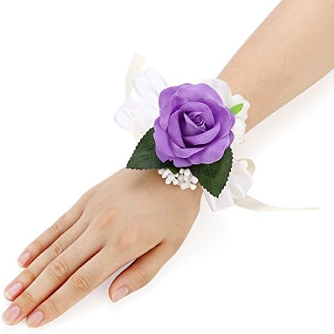 Pack of 4 Girl Bridesmaid Wedding Wrist Corsage Party Prom Hand Flower Decor (Purple)