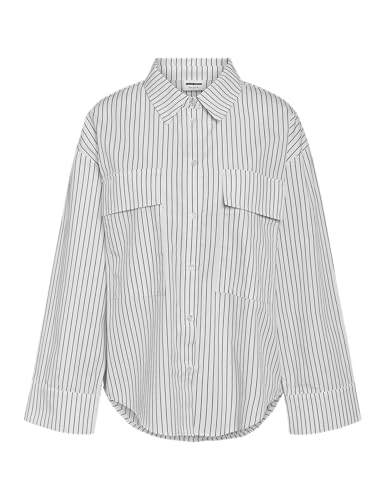 Noisy May Camicia a Righe con Colletto Classico, Taschino sul Petto e Bottoni, Colore:Bianco, Taglia:XS