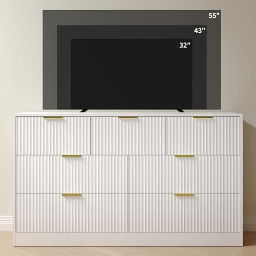 BAZELOR Dresser for Bedroom with 7 Drawer, 55” Wide White Dresser Modern Chest of Drawers with Metal Handle, Wooden TV Stand Storage Organizer for Entryway,Living Room, White