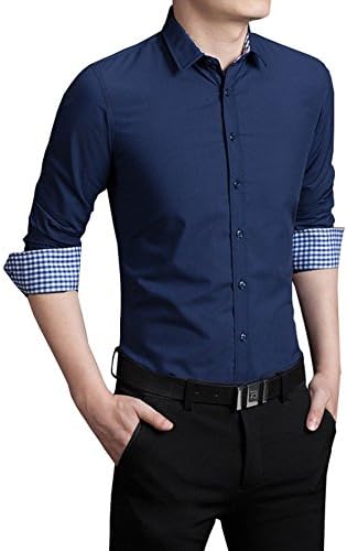 Homleys Mens Casual Slim Fit Long Sleeve Inner Contrast Dress Shirt (Asian 5XL (US X-Large), Navy Blue)
