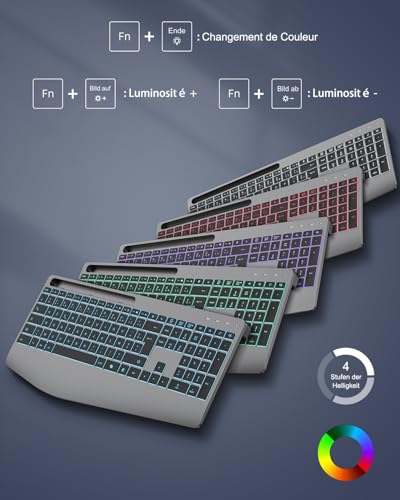 TECURS Ergonomic Wireless Keyboard with Wrist Rest, 2.4G Wireless Quiet Rechargeable Keyboard with Copilot, Backlit, AZERTY Computer Keyboard for Windows 11/10/8/7/Vista/XP, Linux