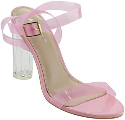 JACOBIES EF64 Women's Buckle Ankle Strap Lucite High Heel Jelly Dress Sandals, Color:PINK, Size:7.5