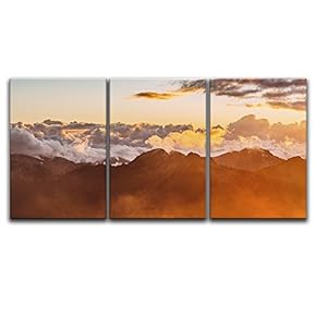 3 Panel Canvas Wall Art - Fire Color Clouds Among Mountains at Sunset - Giclee Print Gallery Wrap Modern Home Art Ready to Hang - 16"x24" x 3 Panels