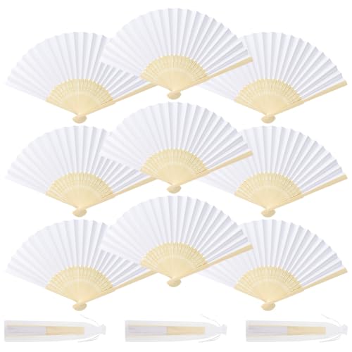 Coicok 12 x Wedding Fans, White Folding Wooden Paper Fans, Customisable Pack with 12 Organza Gift Bags, Japanese Fan for Wedding, Guest, Dance Party Decoration