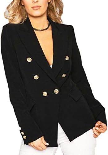 XQS Women's Gold Buttons Slim Fit V Neck Double Breasted Blazer Coat
