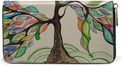 IMOBABY Women Genuine Leather Wallet Modern Art Abstract Painting Colorful Tree Of Life Pattern Print Long Wallet Clutch Purse with Zipper