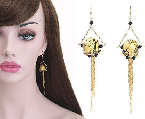 Murano gold glass beads long chain earrings,Black garnet gold long chain earring,Gold plated 925 sterling silver dangle earrings