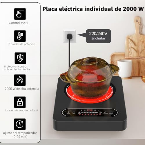 VBGK Vitroceramica Portable 2000W, Portable Vitro with Timer, 8 Power Levels, 220V~240V with Plug, Electric Plate for Camping Compatible with All Types of Pots