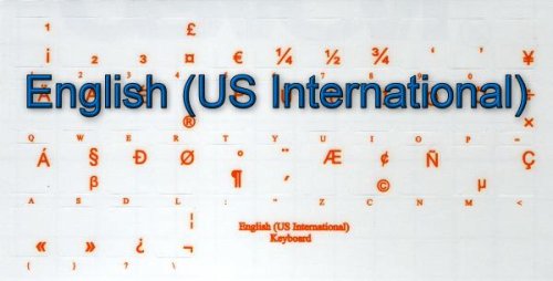 ENGLISH US INTERNATIONAL KEYBOARD STICKERS WITH ORANGE LETTERING ON TRANSPARENT BACKGROUND