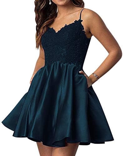 QueenBridal Women's Spaghetti Straps Homecoming Dresses Short Prom Dress Appliques with Pockets QU124