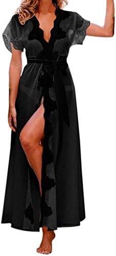 FairySu Women Lingerie Dress Long Satin Maxi Long Robes Lace Babydoll Nightgown Nighty Sleepwear Underwear (X-Large, Black)
