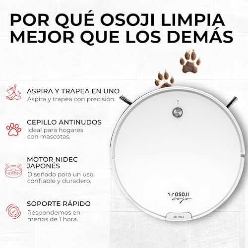 OSOJI Robot Aspiradora y Trapeador 3 en 1 - Aspirador Robótico - Dojo Duo 990 - Conexión WiFi, Filtro HEPA, Poderoso Sistema de Succión, Ultrasilenciosa