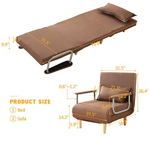 windaze Folding Sofa Bed Portable Sleeper Chaise Lounges with Detachable Armrest and Memory Foam Mattress,Leisure Recliner Lounge Couch Guest(Coffee)