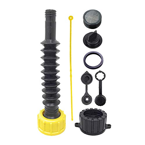 Kool Products Retail Pack Flexible Replacement Gas Spout with 2 Screw Collar Caps(1 Fine & 1 Coarse - Fits Most of The Cans), 2 Base Caps, 1 Stopper Cap and 1 Stainless Steel Filter/Flame Arrestor.