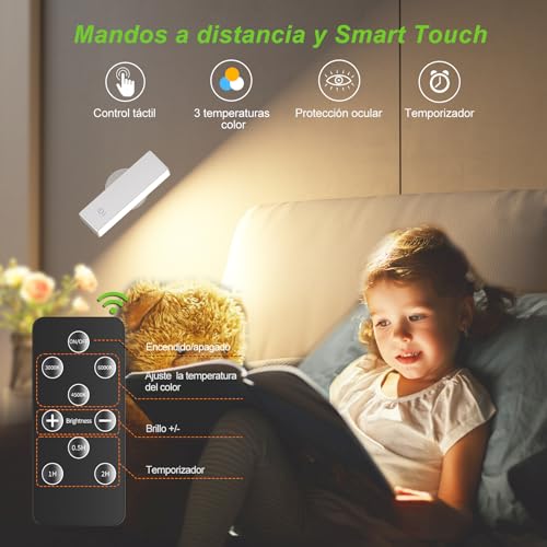 YiLaie Wall Lamps 2 Pcs, Interior Wall Sconces with Remote Controls, 3 Colour Temperatures, Touch Control, Wall Light 360° Rotatable Suitable for Bedroom, Living Room, Reading