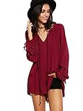 SheIn Women's Tassel Trim V Neck Loose Pleated Blouse Top