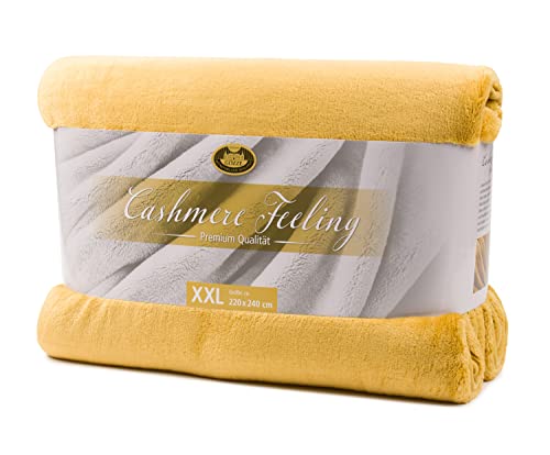 Goezze - Premium Cashmere Feel Cuddly Living Room Blanket/Throw, 500 g/m², 220 x 240 cm - Mustard