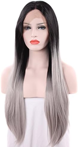 Tripal Hairs Synthetic Lace Front Wig Ombre Gray Dark Roots Heat Friendly Half Hand Tied Fiber Hair 22 Inches