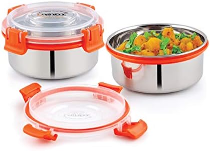 SARANGWARE 2 Pieces Stainless Steel Smart Lock Round Container, Lunch Box (850ml) (Multi Color)