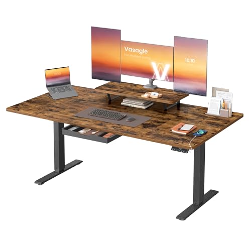 VASAGLE Höhenverstellbarer Schreibtisch, 160 x 80 cm, flexibel montierbarer Monitorständer, Schublade, USB-C-Anschluss, Erinnerung bei langem Sitzen, für Büro, vintagebraun LSD156KD01 thumbnail 1