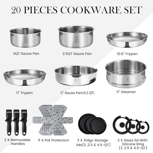 ROYDX Stainless Steel Pots and Pans Set,18/10 Uncoated Pan Set with Stainless Steel Frying Pan,Steamer & Saute Pan,Detachable Stay-Cool Handles,Glass Lids,LFGB Approved,Suitable for All Hobs