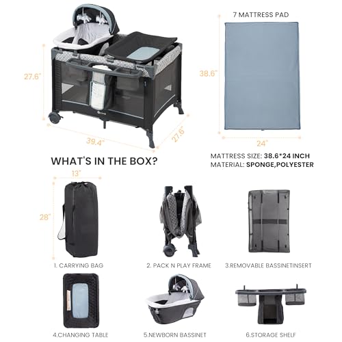 5 in 1 Multifunctional Pack and Play,Qutanix Foldable Baby Crib with Bassinets,Changing Table,Newborn Napper with Canopy,Diaper Stacker,Baby Playpen for Babies and Toddlers