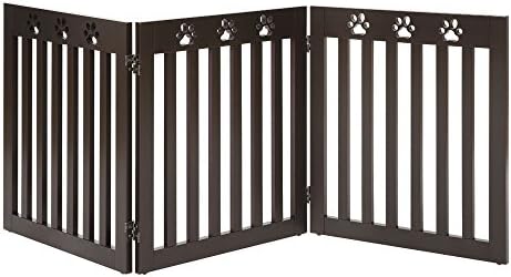UniPaws- Freestanding Paw Deco 24" Step Over Dog Gate (Espresso) | Up to 60" Wide | Assembly-free | Sturdy Wooden Structure | Foldable Design