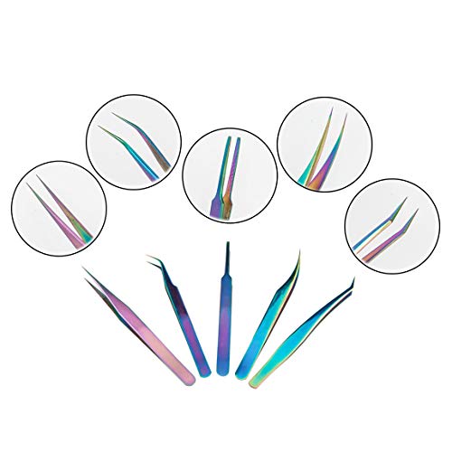 Rainbow Tweezers Kit Anti-Static Precision Stainless Steel Tweezers for Eyelash Extension Nail Art Ingrown Hair Craft Work 5 Pcs - Thumbnail 3