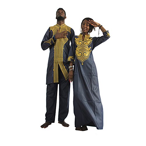 HD Dashiki African Couple Clothing for Woman,Traditional Bazin Maxi Wedding Dress,F-Blue XL