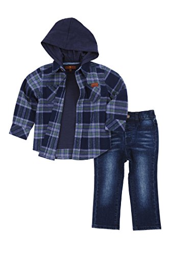 7 For All Mankind Boy's Short Sleeve Shirt Button Up Sweatshirt Hoodie and Jeans 3 Piece Set Dark Forest Plaid 24 Months