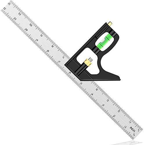 Stainless Steel Combination Square, 12Inch/300mm Ruler, Adjustable Carpentry Square 45/90 Degree with Bubble Level, Measuring Tool for Engineer/Carpenter/Woodworking - Black
